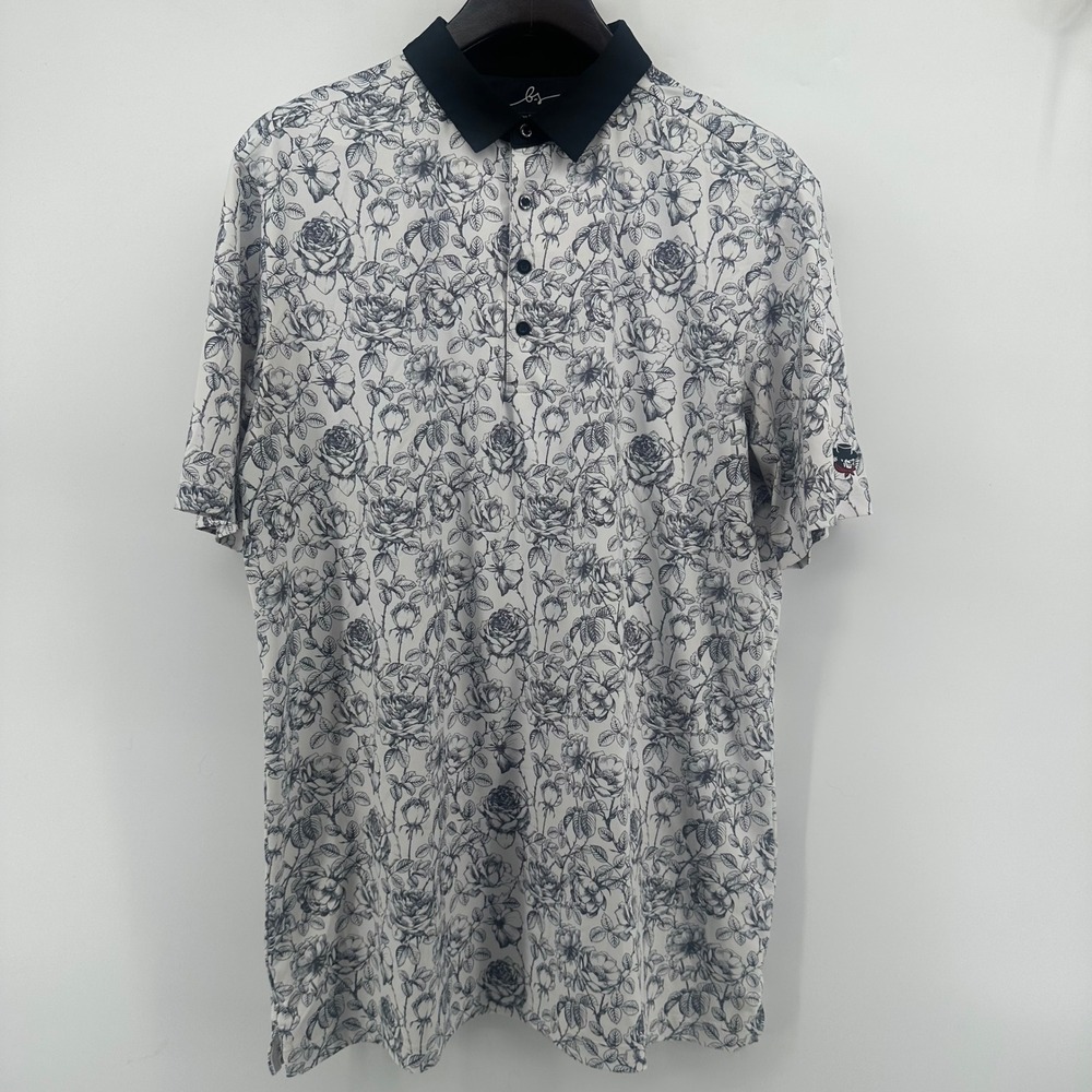 Boston Scott Golf Polo Shirt Men XL White Black Floral Rose Modern Fit UPF50 - Picture 3 of 9